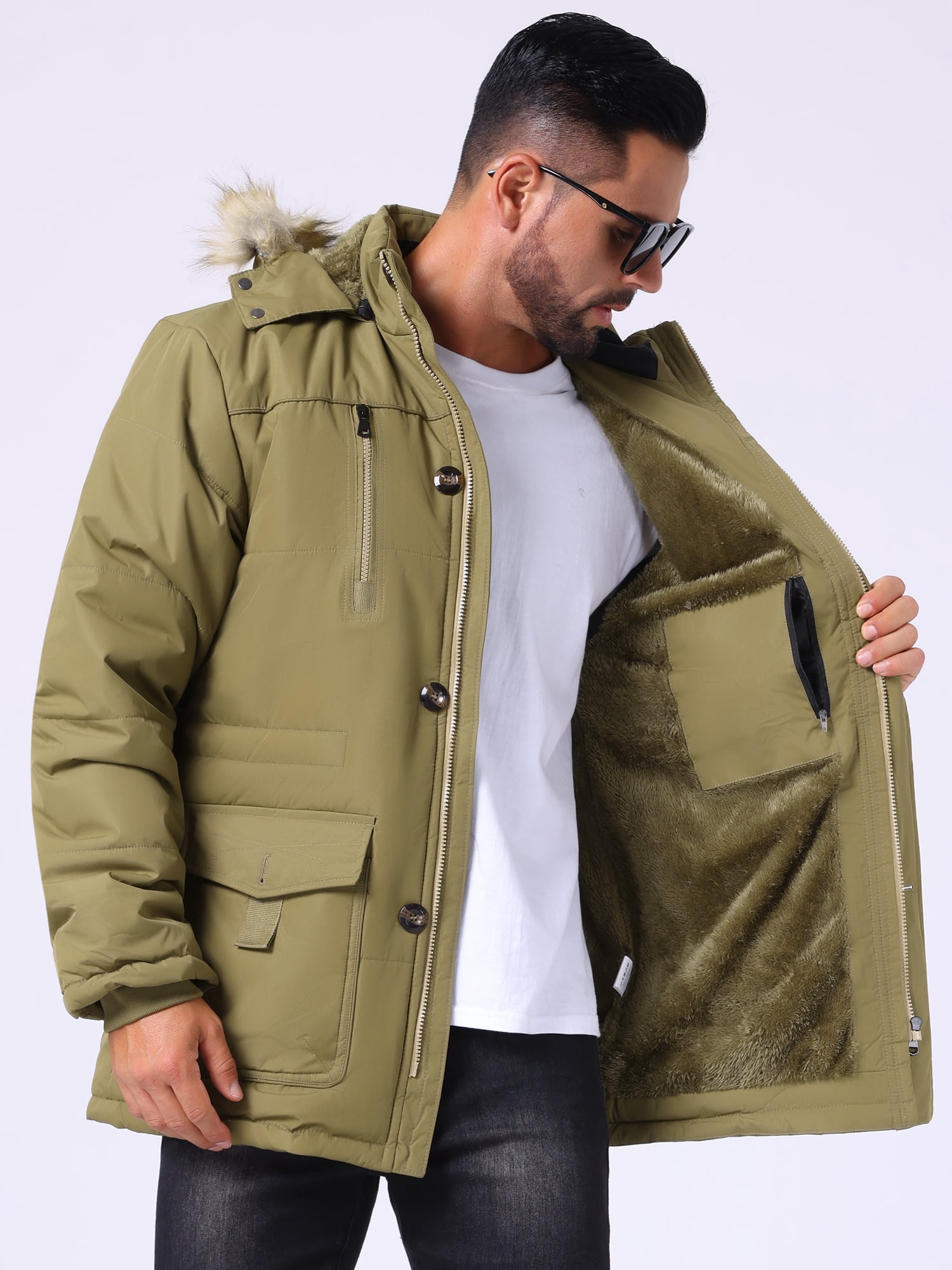 DARING DIVA Men's Warm Coat Fleece Lined Thicken Hooded Parka Jacket M Yellow Green