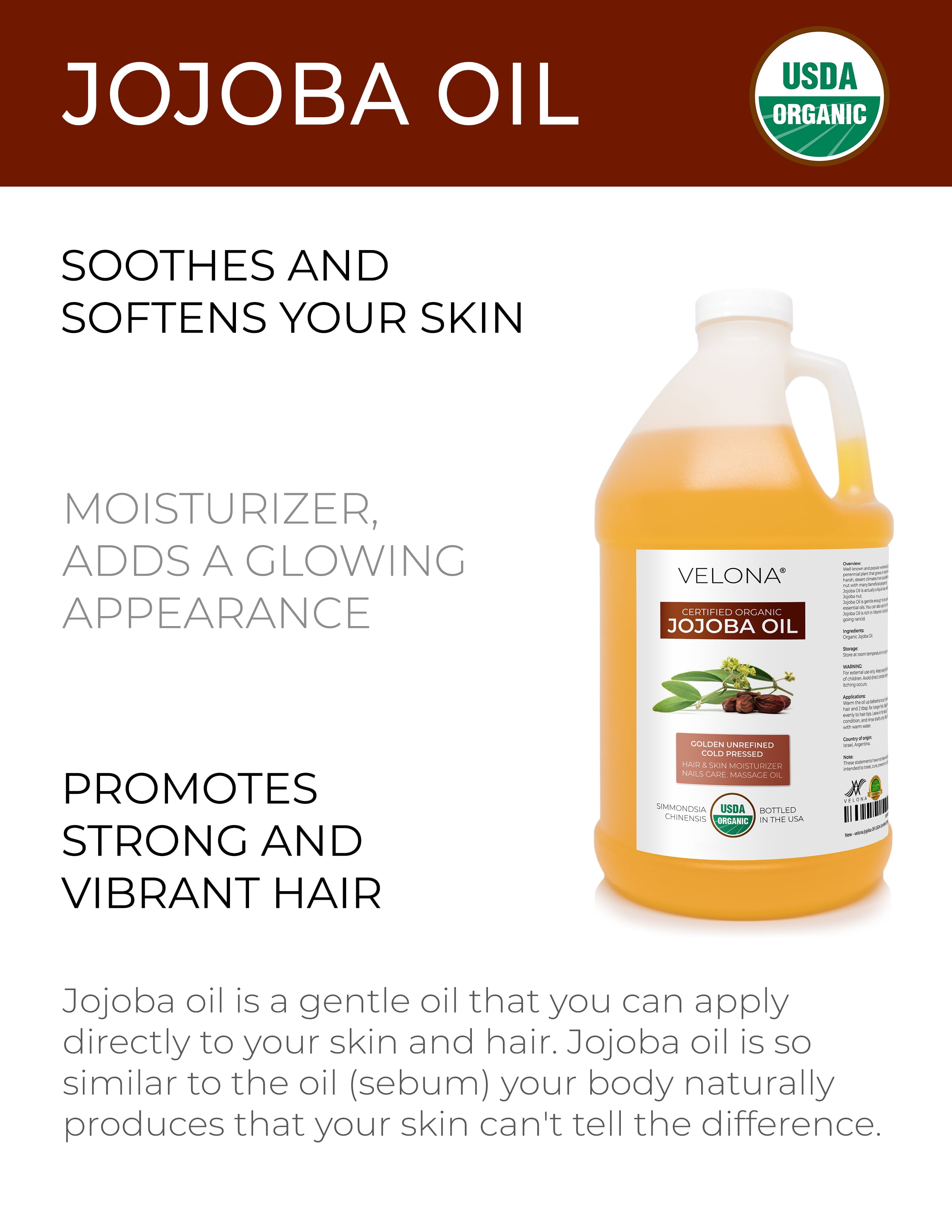 Velona Jojoba Oil USDA Certified Organic - 1 Gallon / 128 Fl Oz | 100% Pure and Natural | Golden, Unrefined, Cold Pressed, Hexane Free | Moisturizing Face, Hair, Body, Skin Care