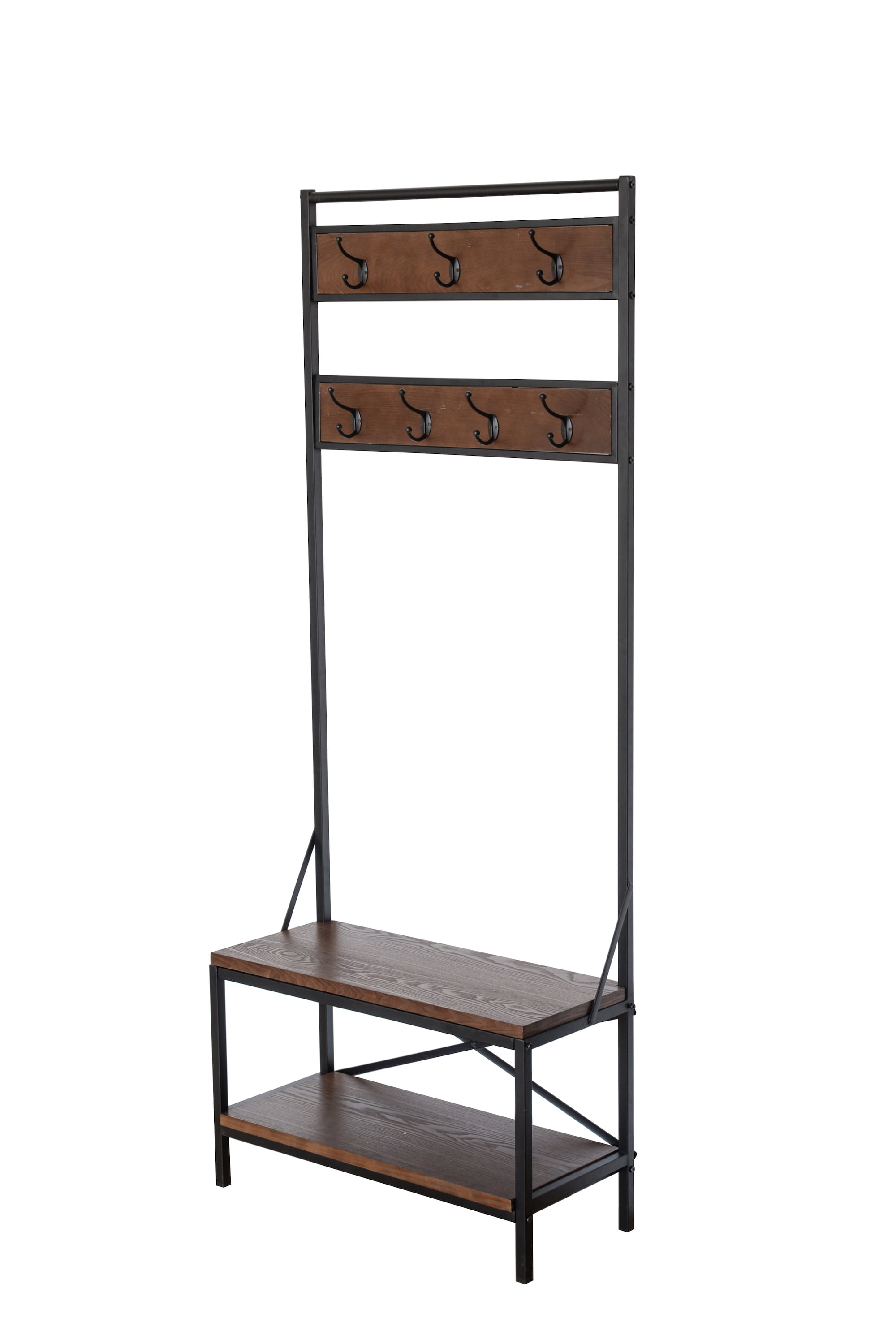Wood and Metal Frame Coat Rack Bench, Walnut Brown and Black