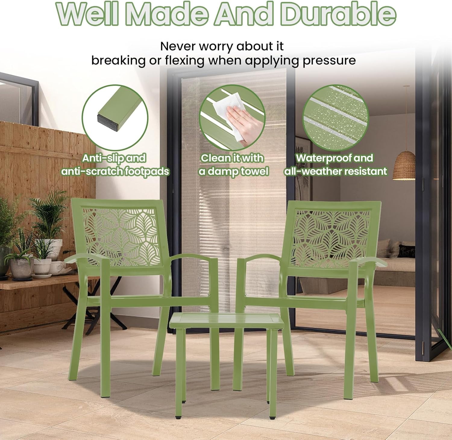 3 Piece Patio Bistro Set, Outdoor Steel Furniture Set, Stackable Modern Conversation Sets for Balcony Garden Deck Patio w/2 Chairs 1 Table, Sauge Green