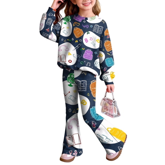 Grblisyd First Day of School Outfits for Girls Kids 2 Piece Crew Neck Long Sleeve Sweatshirt & Elastic Waist Flare Pants Fall Winter Clothing for 2-8Y