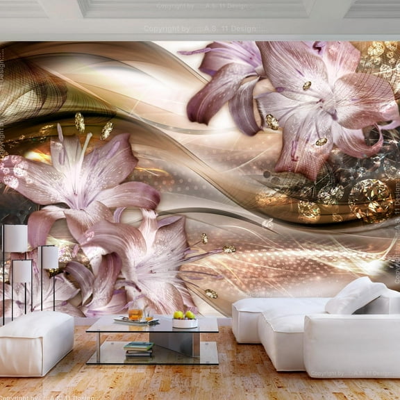 Tiptophomedecor Peel and Stick Glam Wallpaper Wall Mural - Lilies On The Wave Brown - Removable Wall Decals