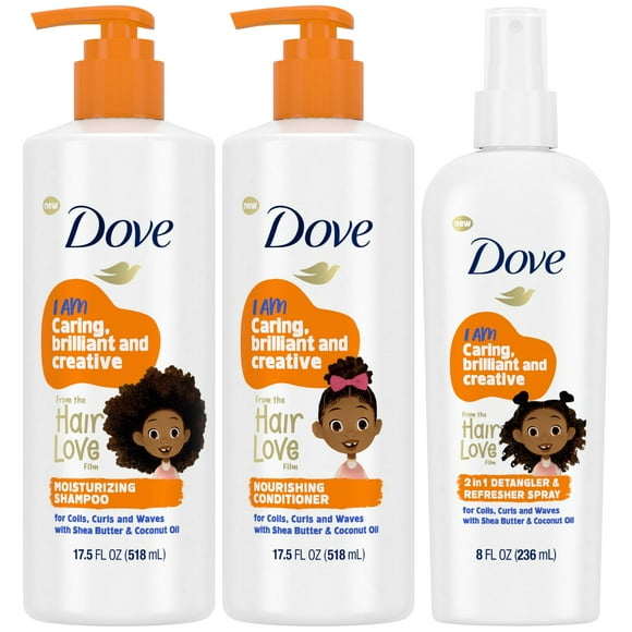 Dove Shampoo and Conditioner Set + Detangler Spray for Kids - Kids Hair Love Collection, Shampoo and Conditioner, Curly and Wavy Hair Products (3 Piece Set)
