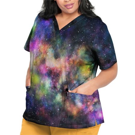 

Sksloeg Women s Scrubs Plus Size Breathable Starry Printed Shirts Tee Tops Short Sleeve V-Neck Nursing Working Uniform with Pockets Multicolor L