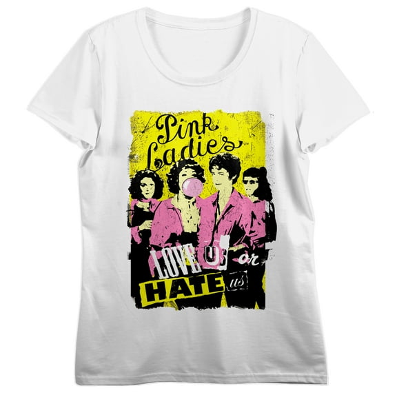 Grease Pink Ladies Love Us Or Hate Us Women's White Short Sleeve Crew Neck Tee-Medium