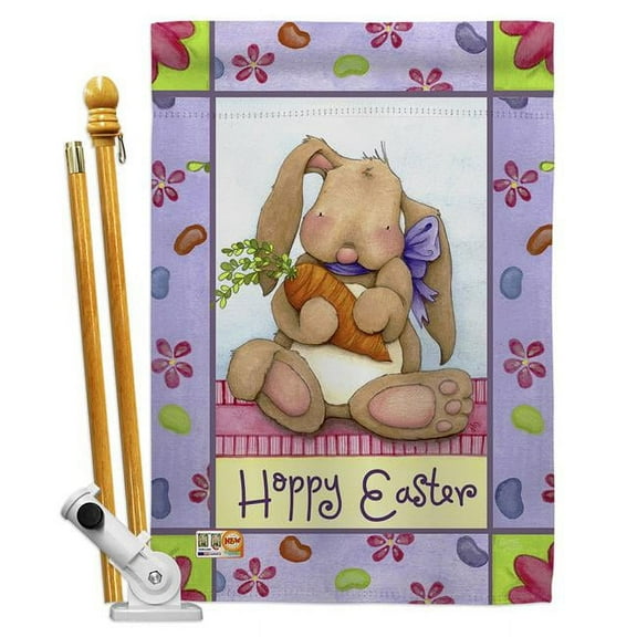 Breeze Decor BD-EA-HS-103056-IP-BO-D-US16-AL 28 x 40 in. Bunny & Beans Spring Easter Impressions Decorative Vertical Double Sided House Flag Set with Pole Bracket & Hardware