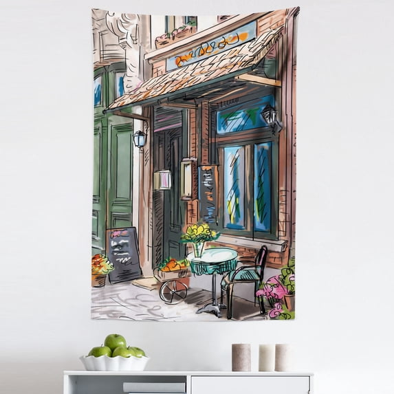 City Tapestry, Street in Paris Cafe Illustration Holiday Theme Summer Season Eating Drinking Cartoon, Fabric Wall Hanging Decor for Bedroom Living Room Dorm, 5 Sizes, Multicolor, by Ambesonne