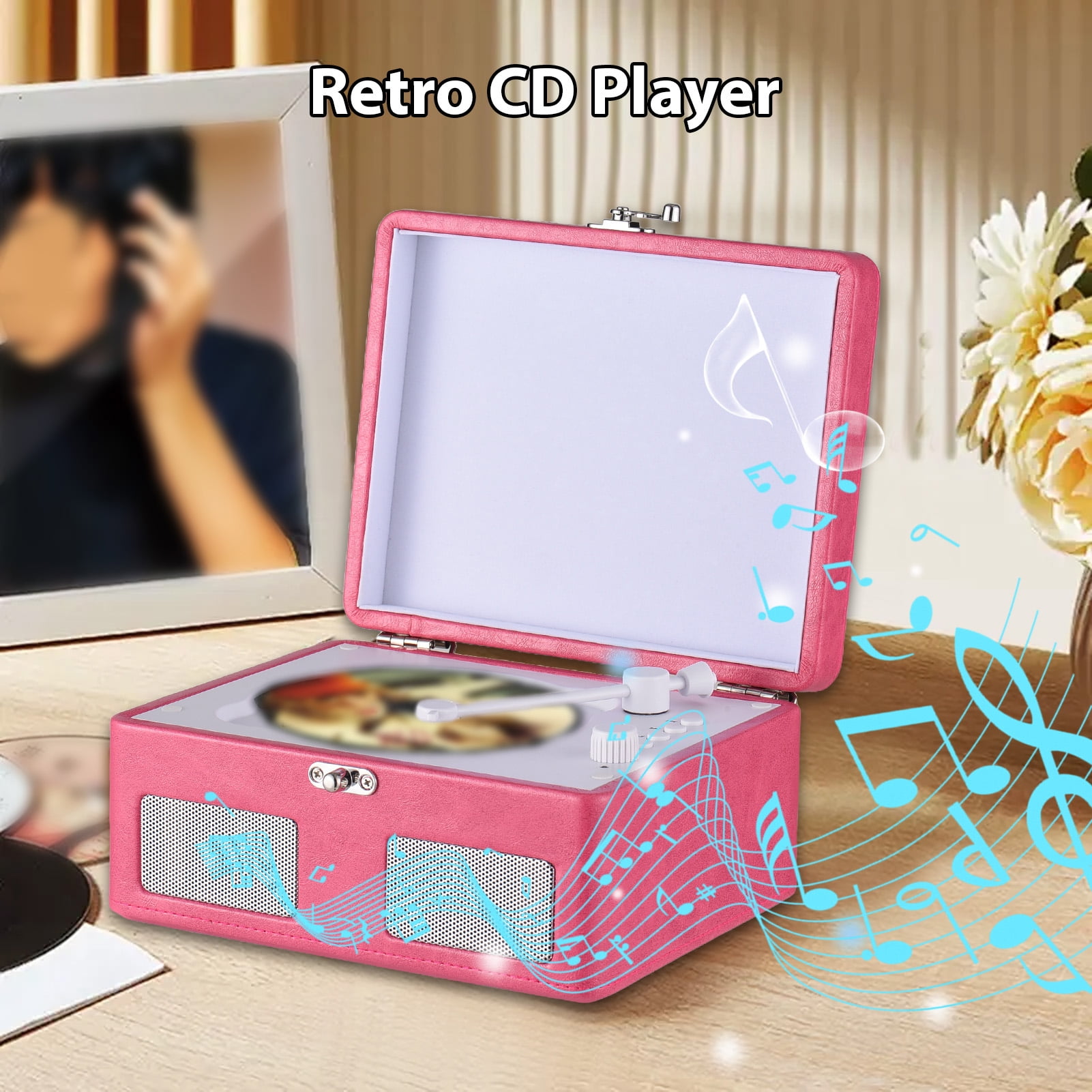 BT turntable CD Player, Dual Speakers HiFi Sound USB TF Portable , for Home, Office
