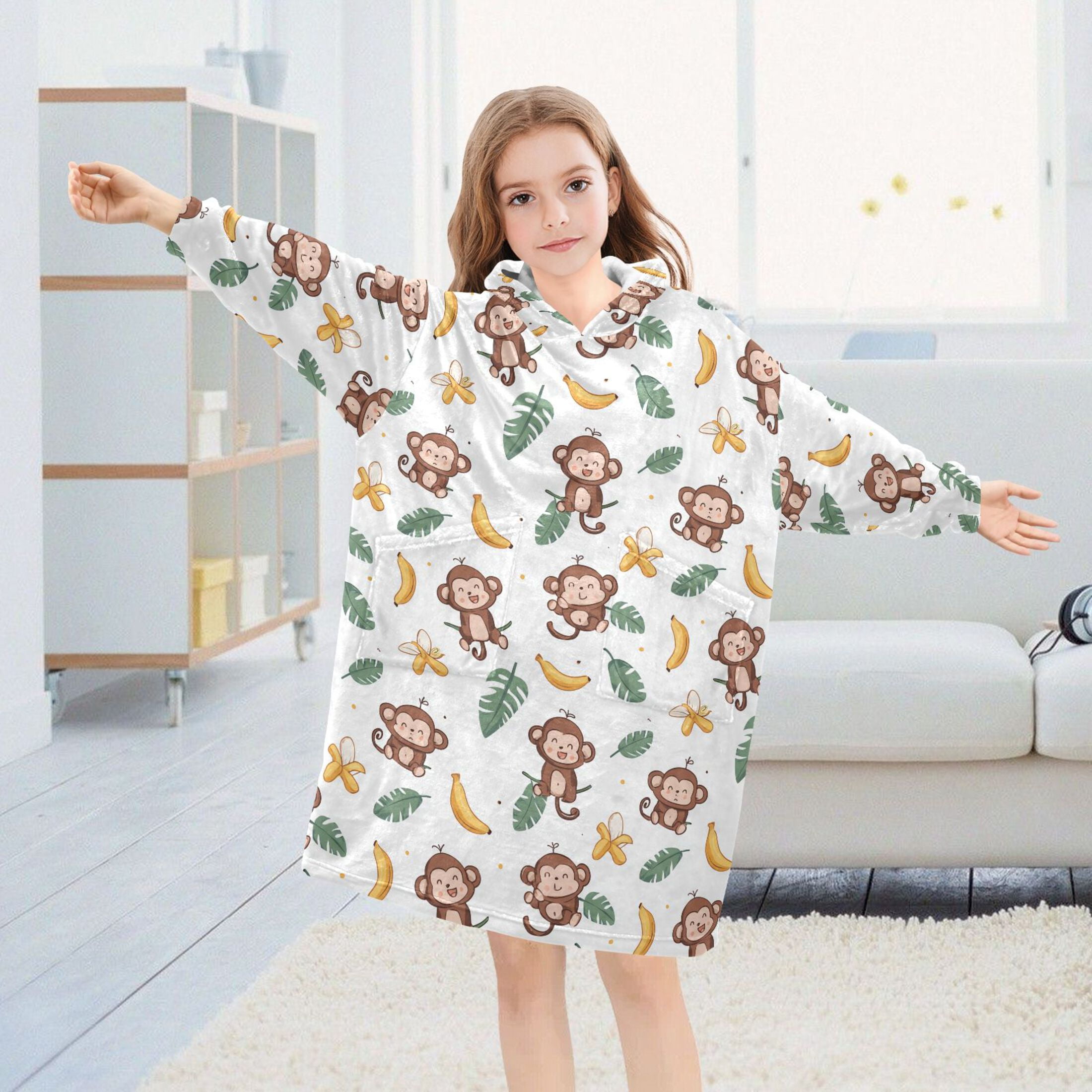 Wearable Blanket Hoodie for Kids Cartoon Monkey Flannel Hooded Blanket with Pockets and Sleeves Suitable for Boys and Girls