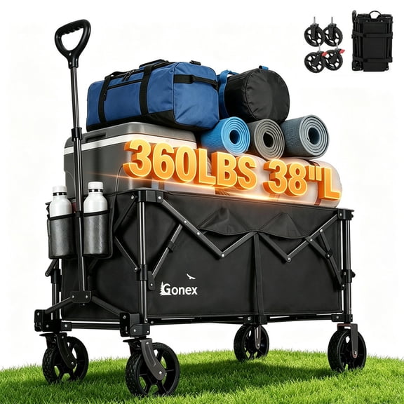 Gonex 38" Collapsible Folding Wagon, 220L Large Capacity Heavy Duty Utility Wagon Cart with All-Terrain Wheels for Beach, Camping, Sports & Shopping, Black