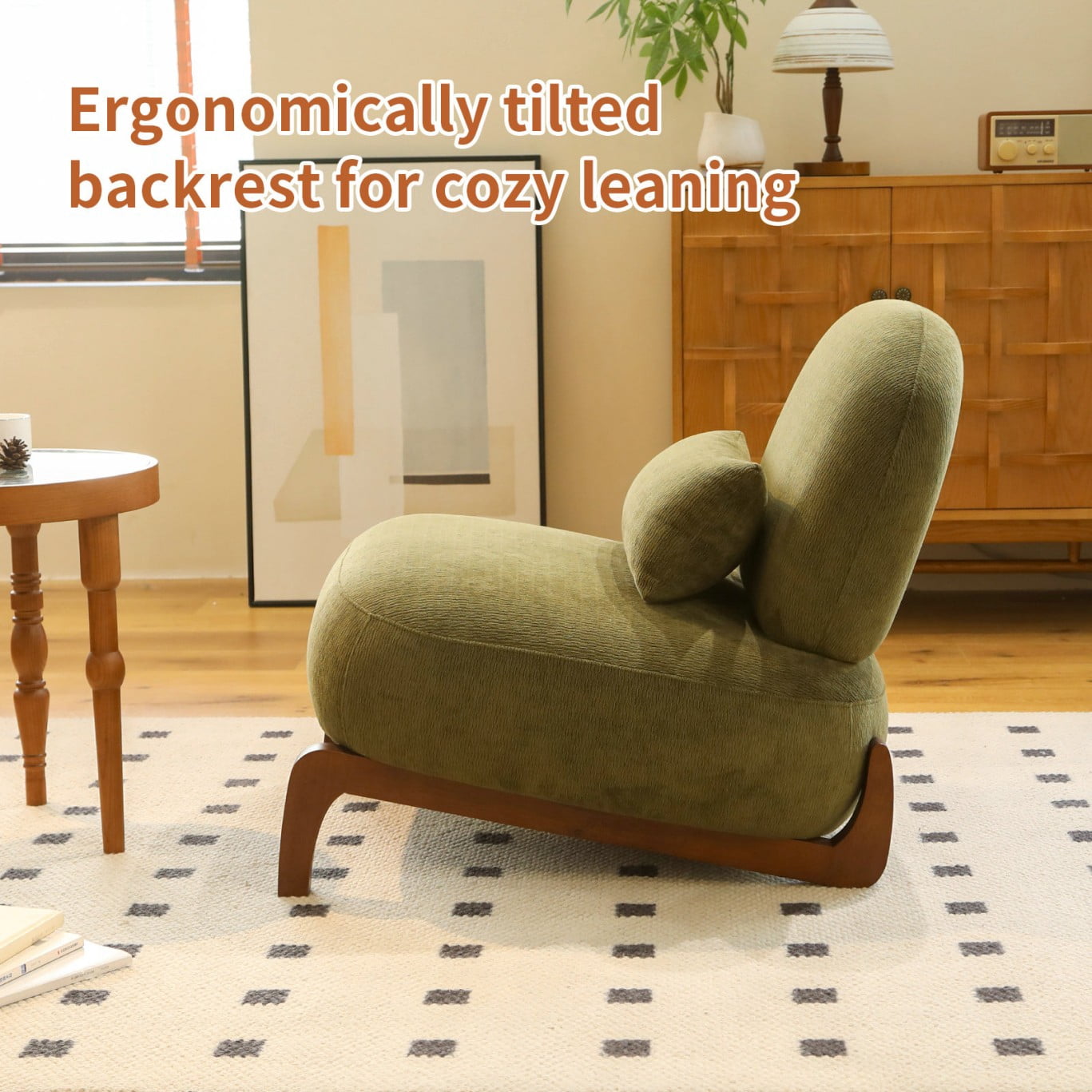 Cute Accent Chair with Solid Wood Legs, Upholstered Armless Reading Chair, Soft Velvet Lounge Chair for Living Room, Bedroom, Apartment, Balcony & Waiting Room, Green