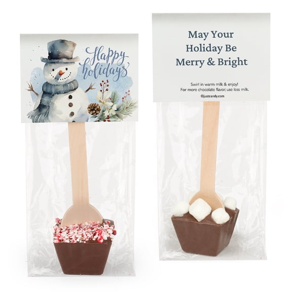 12 Pack Happy Holidays Snowman Hot Chocolate Spoon Party Favors - Dark Chocolate Peppermint