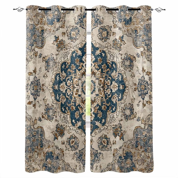 Blue Brown Boho Blackout Curtains 45 Inches Long for Bedroom, Ethnic Vintage Southwestern Geometric Thermal Insulated Room Darkening Black Out Window Curtain Panels Grommet Drapes for Living Room