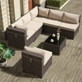thumbnail image 3 of Kullavik Ensemble de Mobilier de Patio 7 Pcs en Rotin PE Tressé, Mobilier d'Extérieur, Canapé Sectionnel, Ensemble de Conversation pour Patio avec Table à Café et Coussin de Siège, Sable, 3 of 8