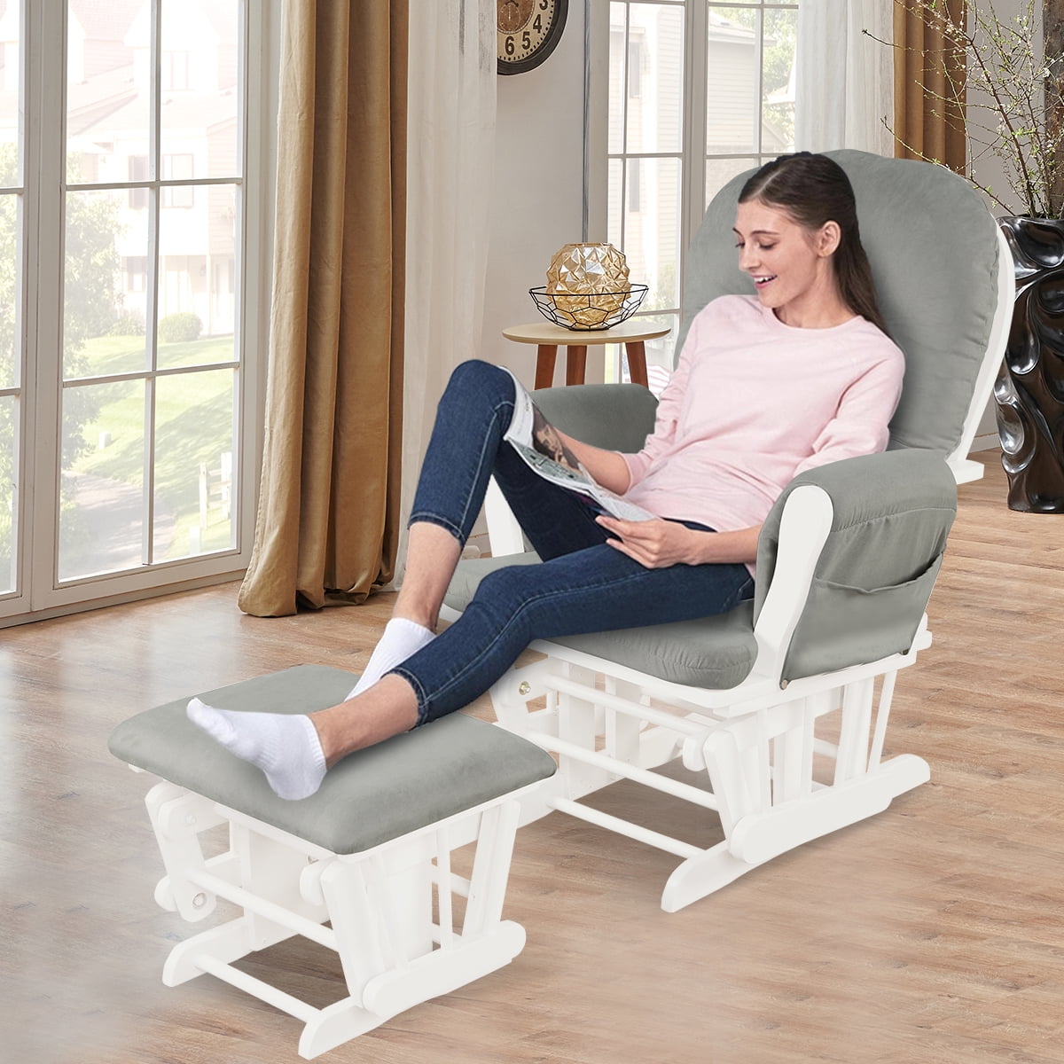 Infans Glider & Ottoman Cushion Set Wood Baby Nursery Rocking Chair Light Grey
