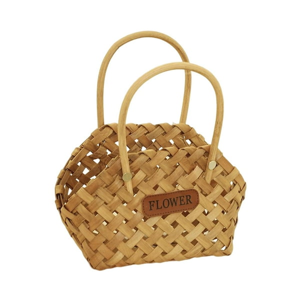 Cesta de flores tejida a mano Cesta de regalo vacía con asa Cesta tejida de madera para Marrón