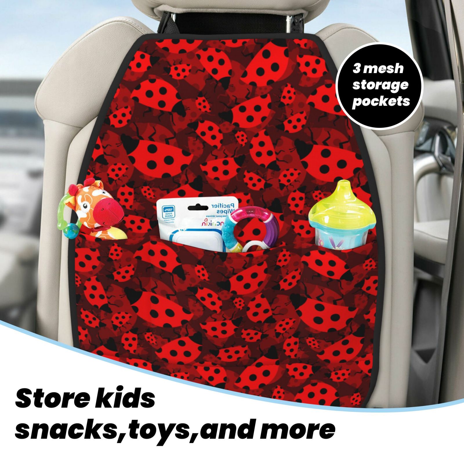 Naloa Ladybugs 1 2Pcs Anti-Kick Back Seat Cover Kick Mat, Car Seat Protector with 3 Storage Pockets
