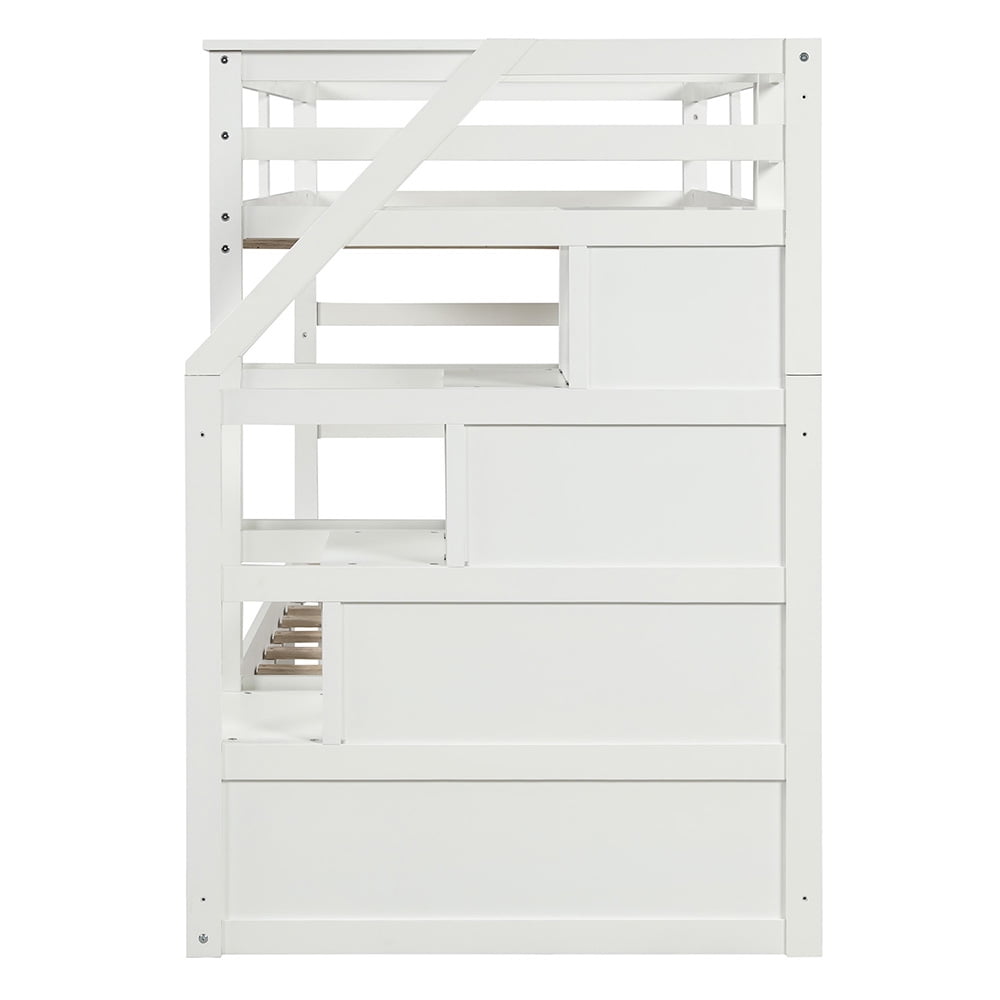 Kepooman Twin-Over-Twin Modern Wooden Bunk Bed with Twin Trundle & 3 Storage Stairs, 94.4"L x 42.4"W x 61.4"H, White Kepooman Twin-Over-Twin Modern Wooden Bunk Bed with Twin Trundle & 3 Storage Stairs, 94.4"L x 42.4"W x 61.4"H, White