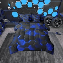 Erosebridal Neon Honeycomb Bedding Sets Twin Size, Blue Geometric Comforter Sets with Sheets, Abstract Stripe Reversible Bedding Twin Size, Breathable Room Decorative, 7pcs