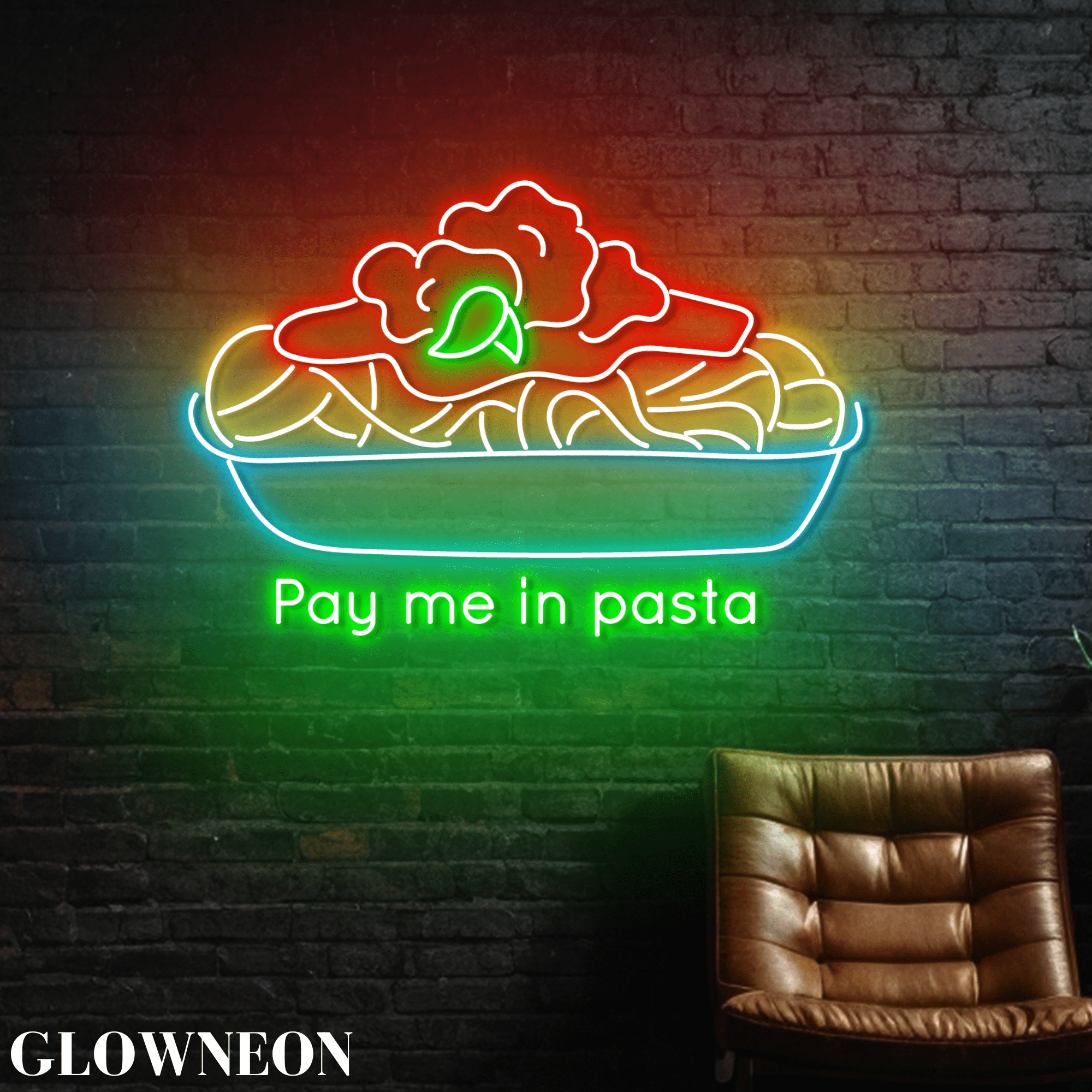 Glowneon Pay Me In Pasta Neon Decor, Italian Pasta Noodle Shop Light