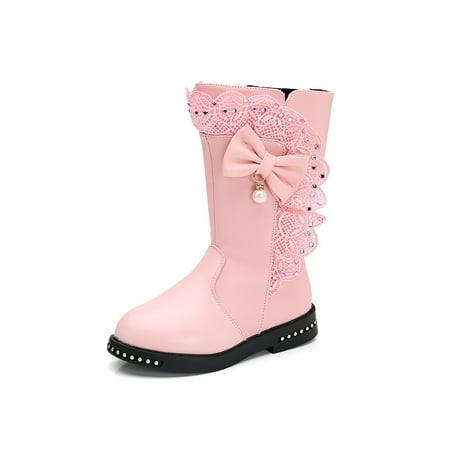 

Eloshman Girls Winter Boot Plush Lined Tall Booties Rhinestone Boots Outdoor Cute Wide Calf Warm Bootie Non-Slip Shoes Pink With Lined 2.5Y