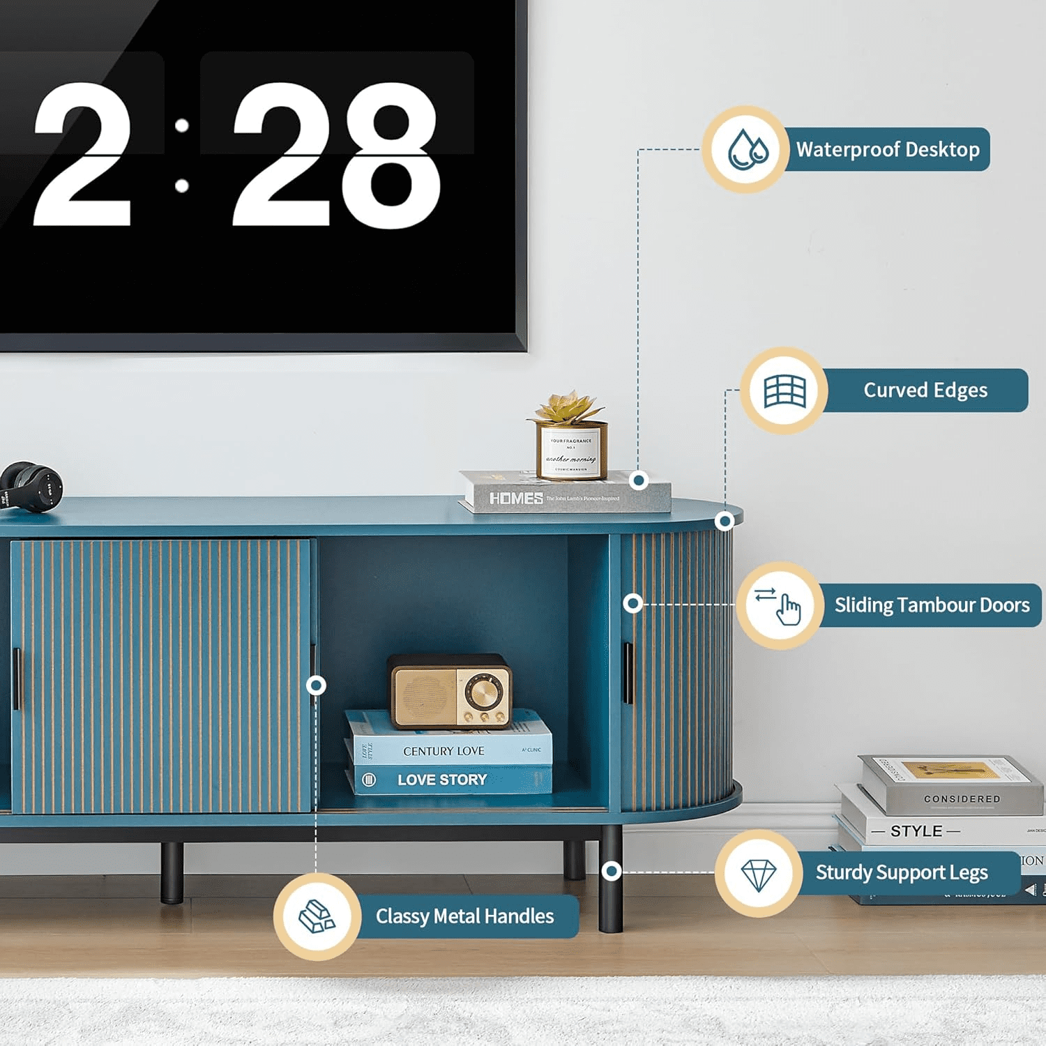 LEFHDA 62" TV Stand, Storage Cabinet and Entertainment Center with Tambour Door, Mid Century Modern TV Stand for Living Room, Modern TV Console Table for 65/70 Inch TV (Blue)