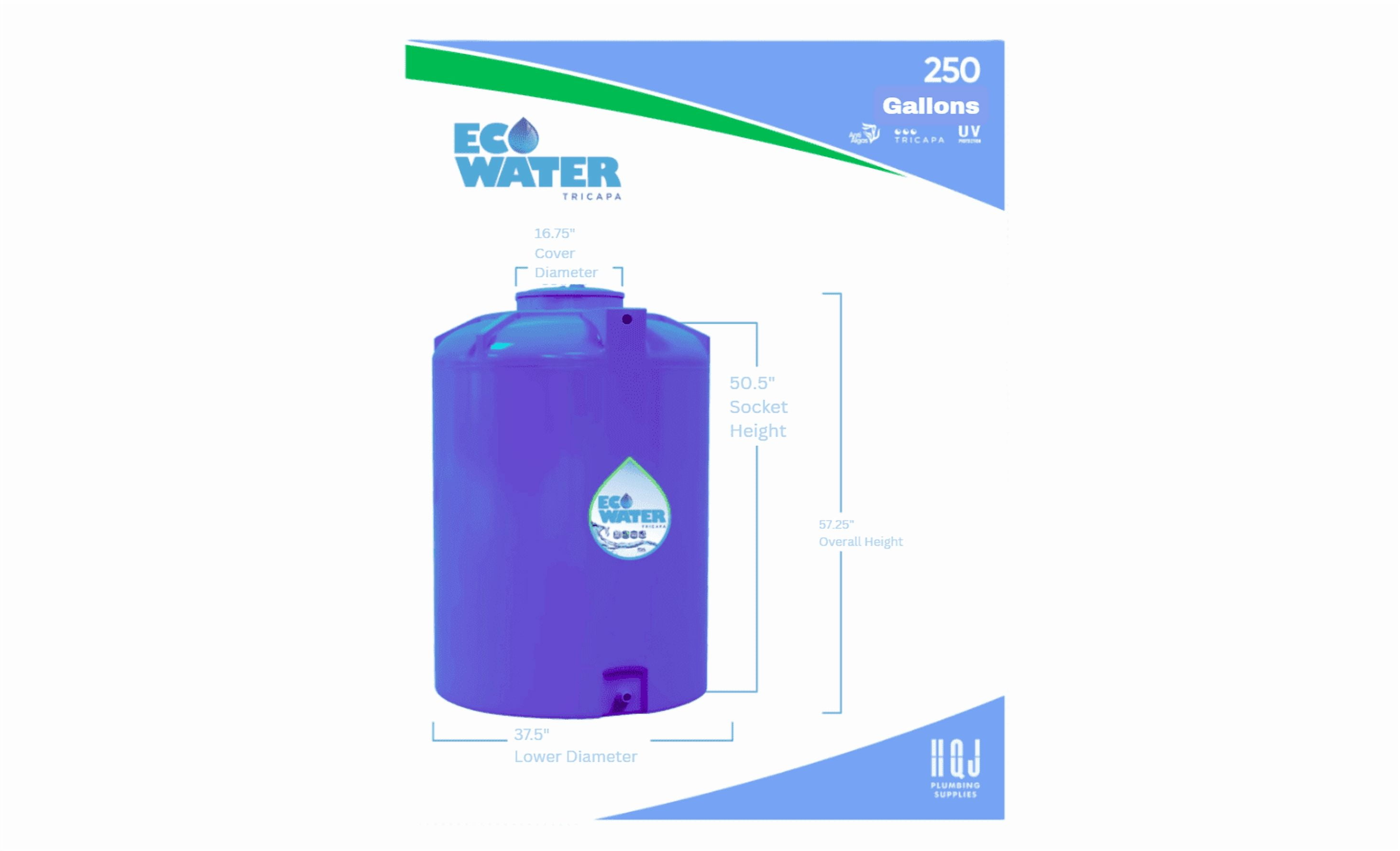 Eco Water Blue Color 250 Gallons s Water Tank, 2075 Pounds When Its Full