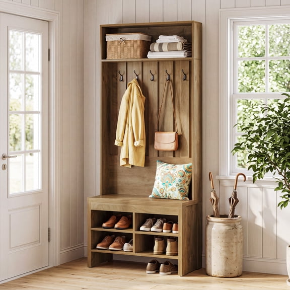 Finmind Hall Tree with Bench and Storage, , 70.87 InchEntryway Bench with Coat Rack 5-in-1 Mudroom Storage Organizer,