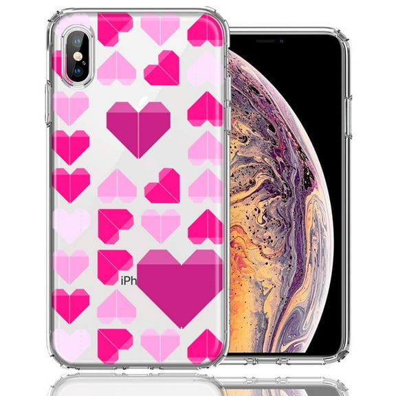 MUNDAZE for Apple iPhone XS Max Pink Purple Origami Valentine's Day Polkadot Hearts Design Double Layer Phone Case Cover