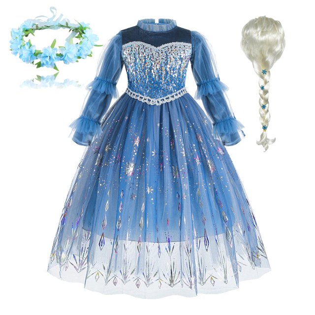Vestido de Elsa para niña, vestido de copo de nieve de lentejuelas congeladas, Otoño Invierno, fiesta de Halloween, manga con volantes, disfraz de princesa, 5-6Y Tag-130 Gao Jinjia LED