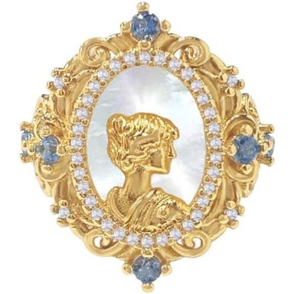 Baroque Beauty Lady Portrait Ring - Statement Expandable Pearl Shell Victorian Cameo Dainty Cubic Zirconia Rings Gold Plated Stack Open Finger Band Vintage Wedding Anniversary Jewelry