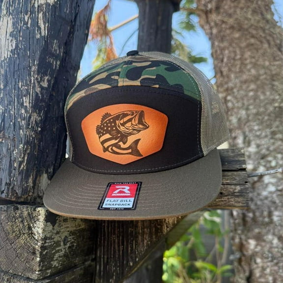 USA Bass Flag Leather Patch Hat – Richardson 168 Flat Bill Snapback – Patriotic Fishing Cap