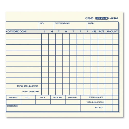 Weekly Employee Time Cards, One Side, 4.25 x 7, 100/Pad Weekly Employee Time Cards, One Side, 4.25 x 7, 100/Pad