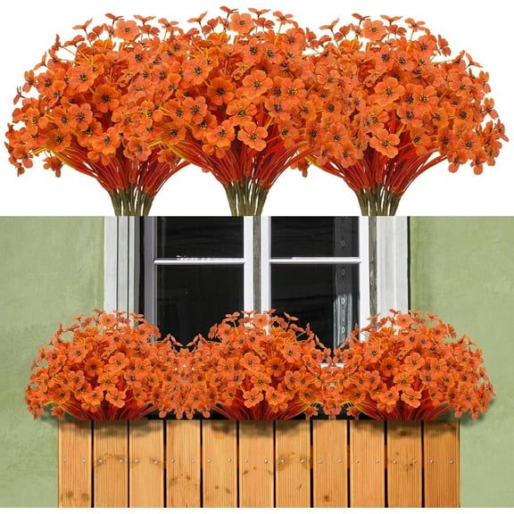 10 Bundles Artificial Flowers Outdoor UV Resistant Fake Silk Plants Plastic Faux Shrubs Outside Front Porch Window Box Garden Home Hanging Planter Decoration (Autumn Orange)