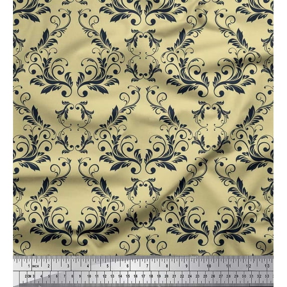 Soimoi Beige Viscose Chiffon Fabric Filigree Damask Print Fabric by the Yard 42 Inch Wide