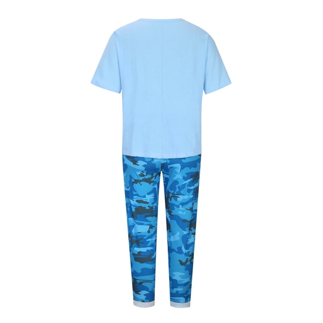 Mikilon Vêtements de Détente Confortables pour Femmes Ensemble 2 Pcs Imprimé Décontracté Manches Moyennes Col Rond + Pantalon Bleu-A 2TG