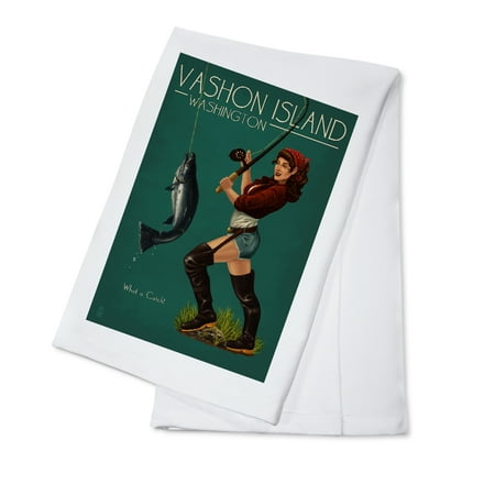 Vashon Island, Washington - Pinup Girl Salmon Fishing - Lantern Press Artwork (100% Cotton Kitchen