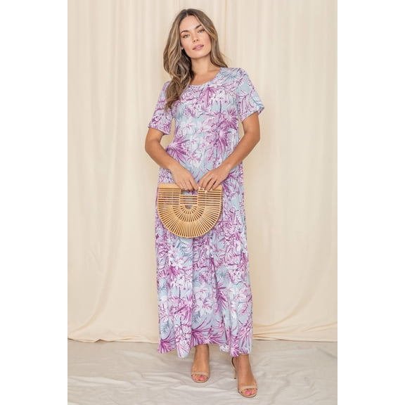 Purple Tropical Short Sleeve Tiered Maxi Dress_Plus