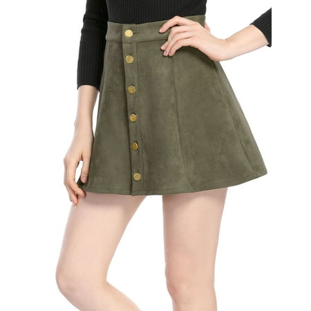 Women's Mid Rise Button Closure Front Bonded Suede A-Line Mini Skirt Dress