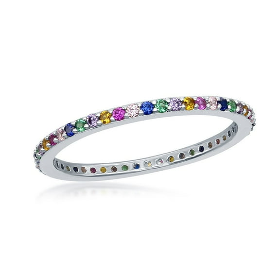 iJewelry2 Sterling Silver Rainbow Multicolor Round CZ Thin Band Ring Size 6