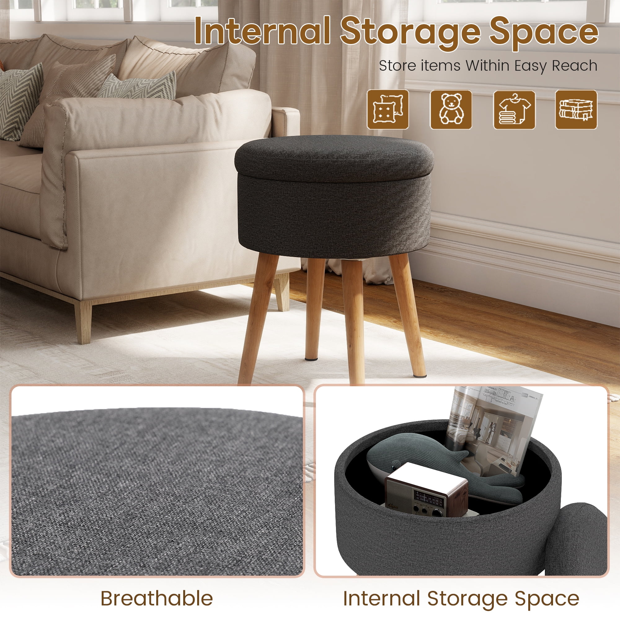 LOGYAT 14" Round Ottoman with Storage, Ottoman Foot Rest with Wood Legs, Linen Round Vanity Stool, Modern Upholstered Foot Stool for Living Room and Bedroom, Dark Gray