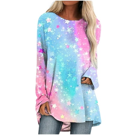 

Black Long Sleeve Shirt Women Floral Tie Dye Printing Top Tee Ladies Crewneck Pullover Loose Tunic Blouses Pink Small