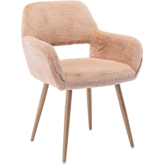 Furry Desk Chair, Mid-Century Modern Accent Faux Fur Chair for Teen Girls, Comfy Armchair with Wood Look Metal Legs for Living Dining Room, Home Vanity Makeup Office Desk Chairs No Wheel, Camel
