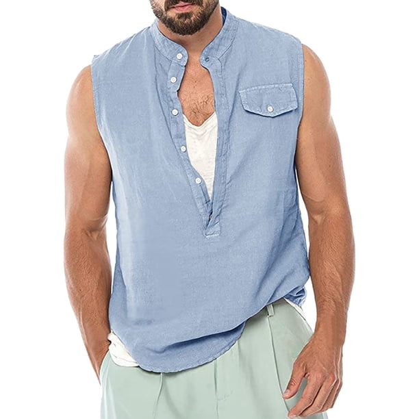 Camisas s Para Hombre Interior Hombres Primavera Verano Top Camisa Algodón Lino Color Camisa casual Sin mangas Botón Camisas Tops Blusa (Blue, XL)