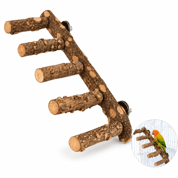 Natural Wooden Ladder Perch, Cage Climbing Bridge Accessory for Parrots & Small Pets