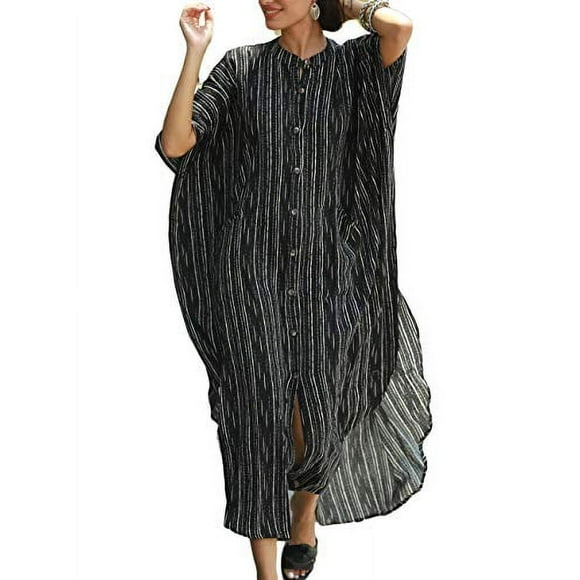 Bsubseach Women Beach Cover up Stylish Stripe Print Swimsuit Cover ups plus Size Caftan Dresses Button up