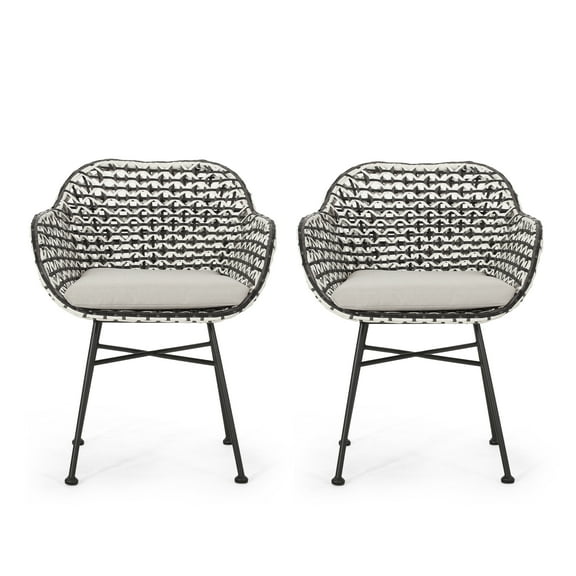 Noble House Beulah Wicker Patio Dining Arm Chair in White and Black (Set of 2)