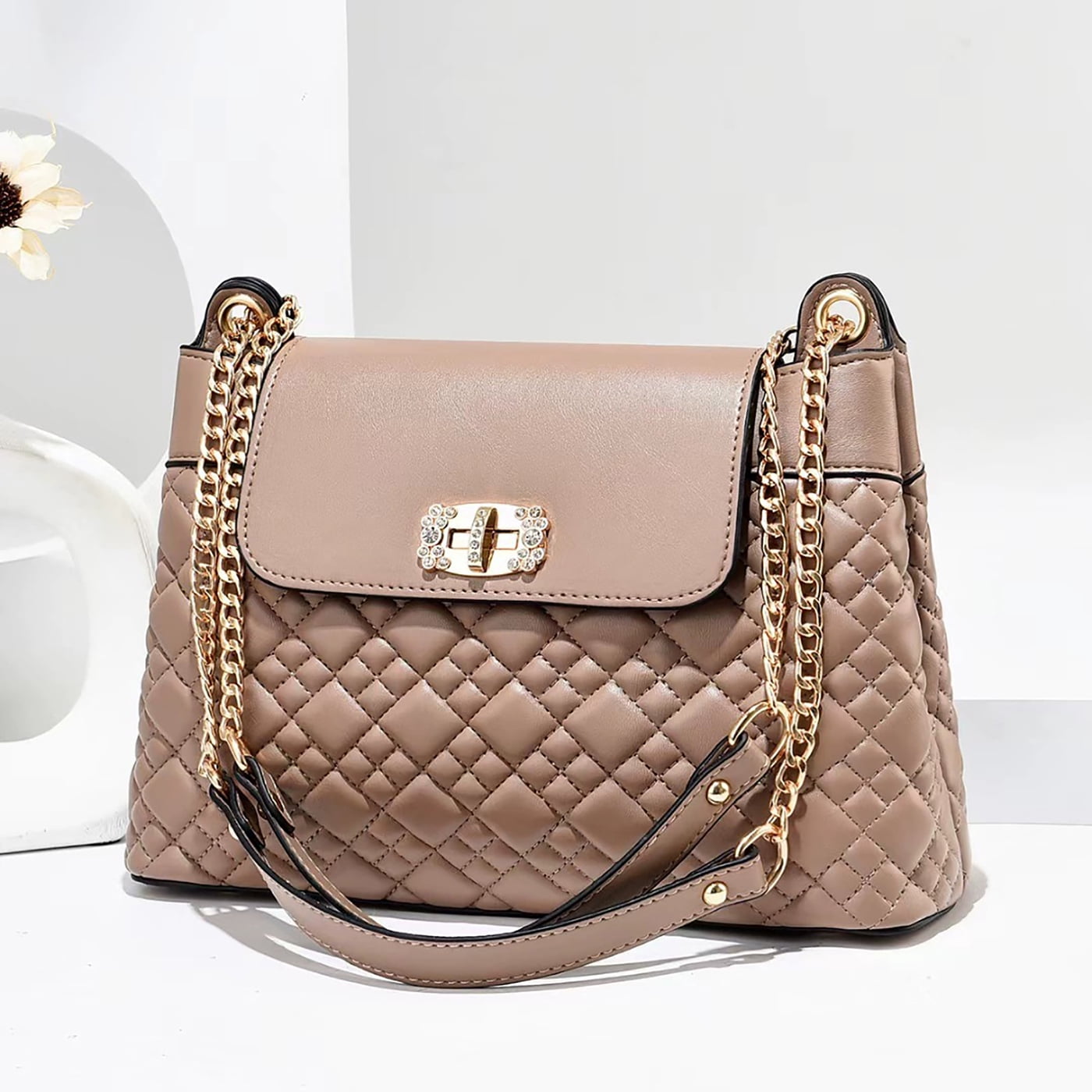 PORT&LOTUS Khaki Stylish Quilted Shoulder Bag with Gold Chain and Elegant Twist Lock Ideal Fashion Accessory for Women Handbags Purses with Chain Strap