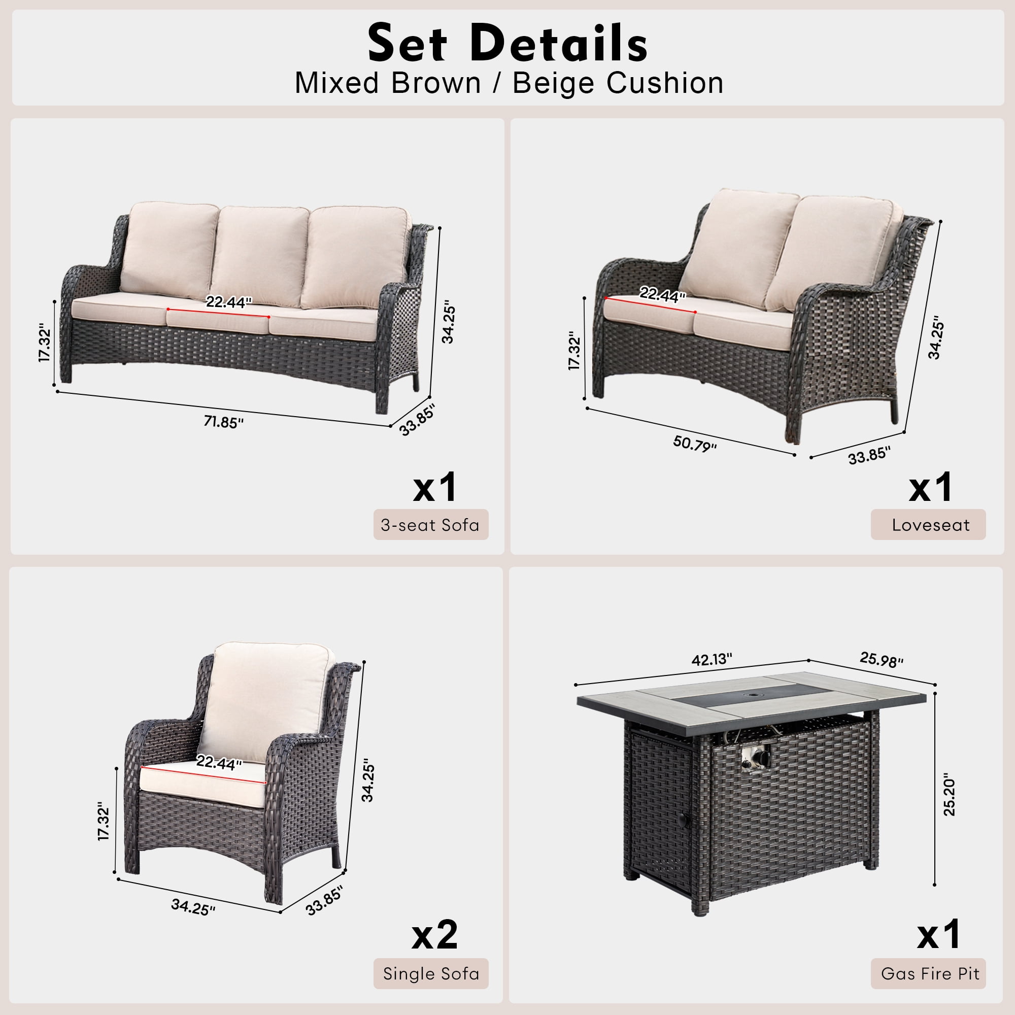 Ovios 5 Pieces Outdoor Patio Furniture with Rectangle Fire Pit Table Wicker Patio Sectional Sofa with Loveseat for Backyard