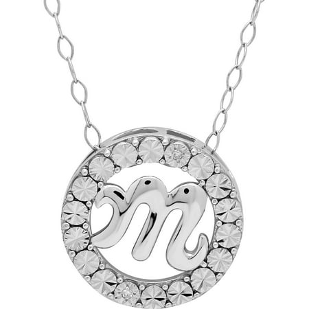 Sterling Silver Letter M in Circle with Diamond Accent Pendant